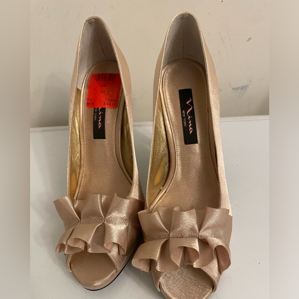 Gold Fabric Open Toed Heels